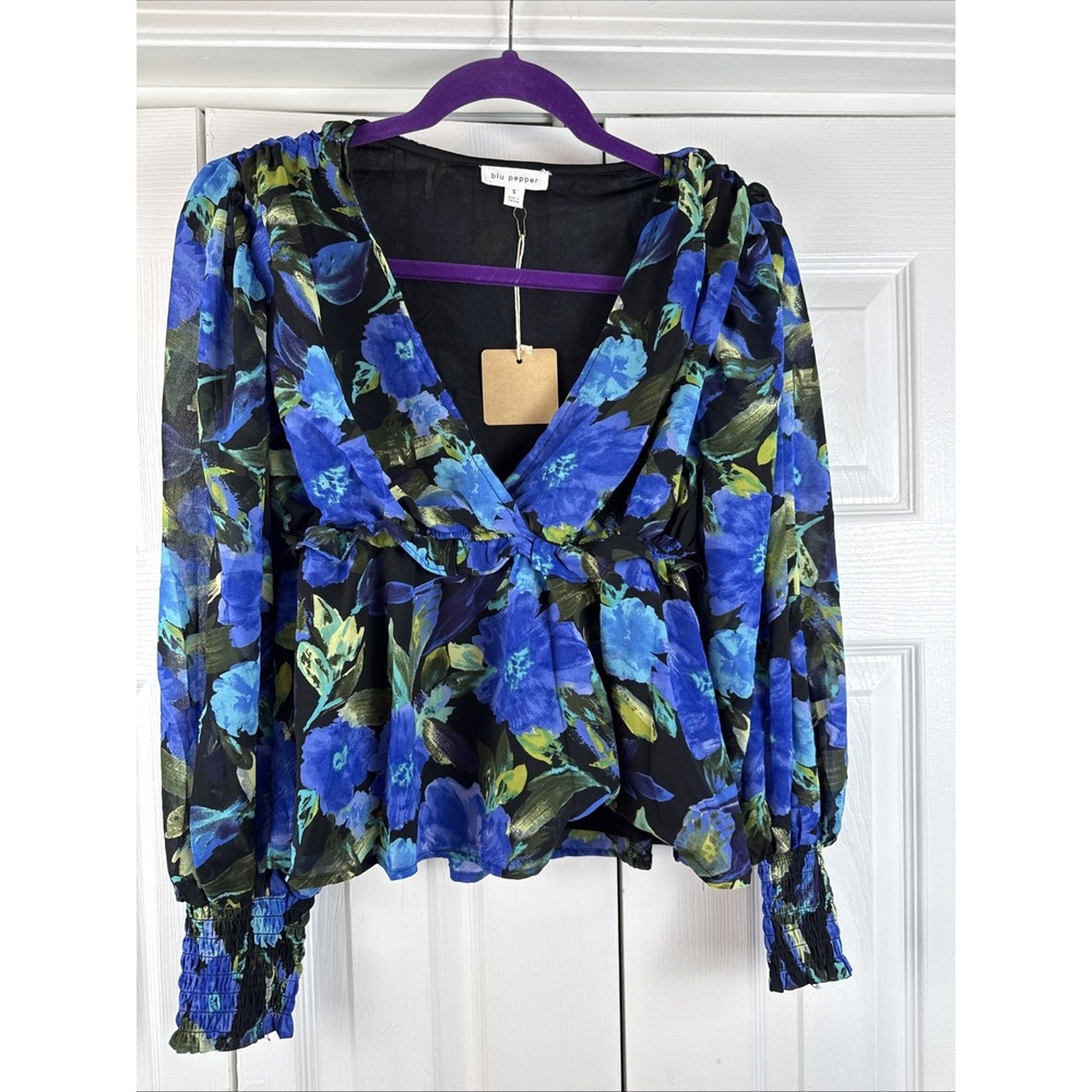 Blu Pepper Blouse Medium Small Ruffled V Neck Long Puff Sleeves Sheer NWT